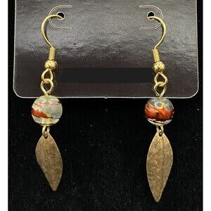 Handmade Brass Tone Leaf & Red Orange Glass Bead Earrings by Neanie-Bot